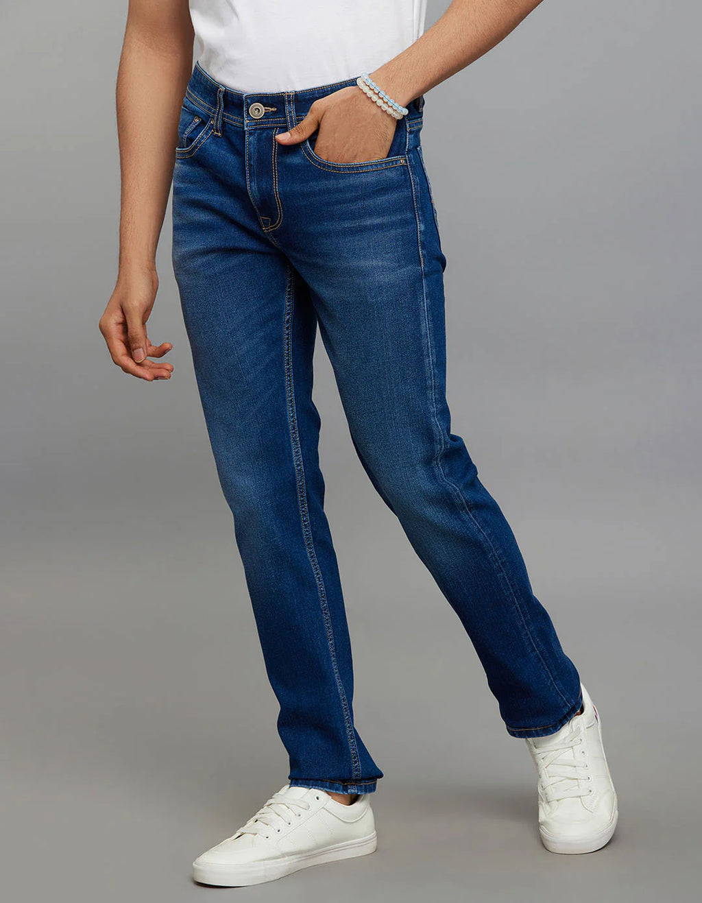 Medium Blue 5 Pocket Mid-Rise Slim Straight Fit Classic Stretch Jeans RJ6238