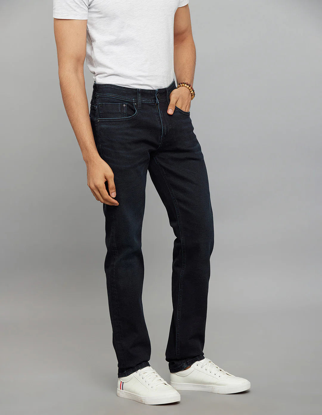 Dark Blue 5 Pocket Mid-Rise Slim Straight Fit Classic Stretch Jeans RJ6236