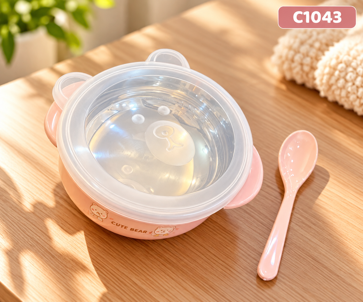 Premium Baby Feeding Bowl with Lid & Spoon – Cute Bear Design | C1043