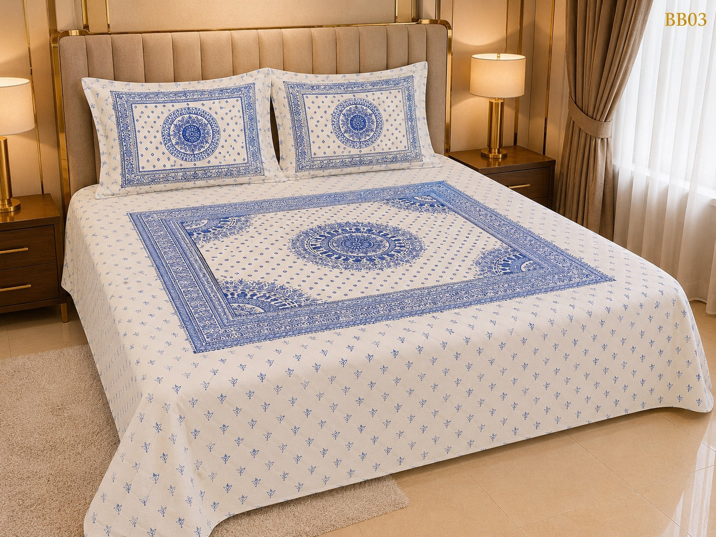 Luxury Blue Mandala Block Bedsheet-BB03