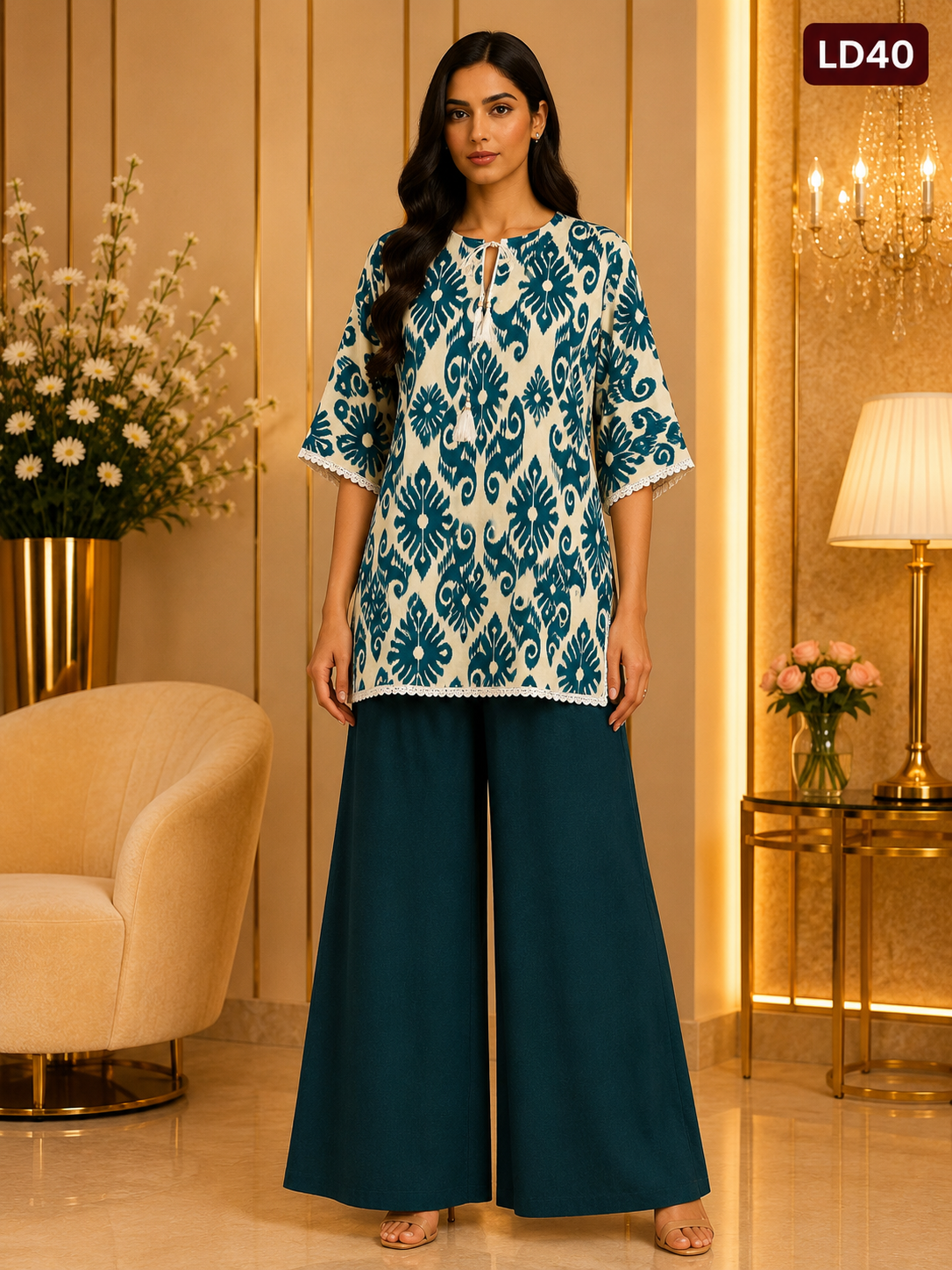 Teal Heritage Lace Linen Top-LD40