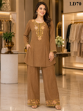 Camel Brown Floral Embroidered PachFul Two-Piece Set-LD70