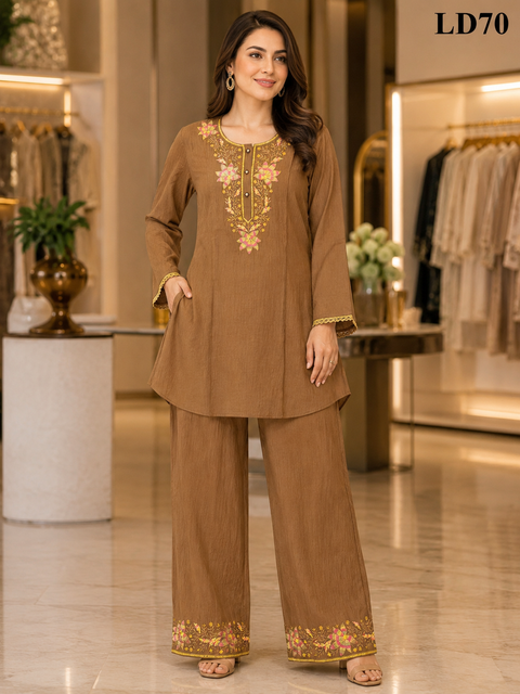 Camel Brown Floral Embroidered PachFul Two-Piece Set-LD70