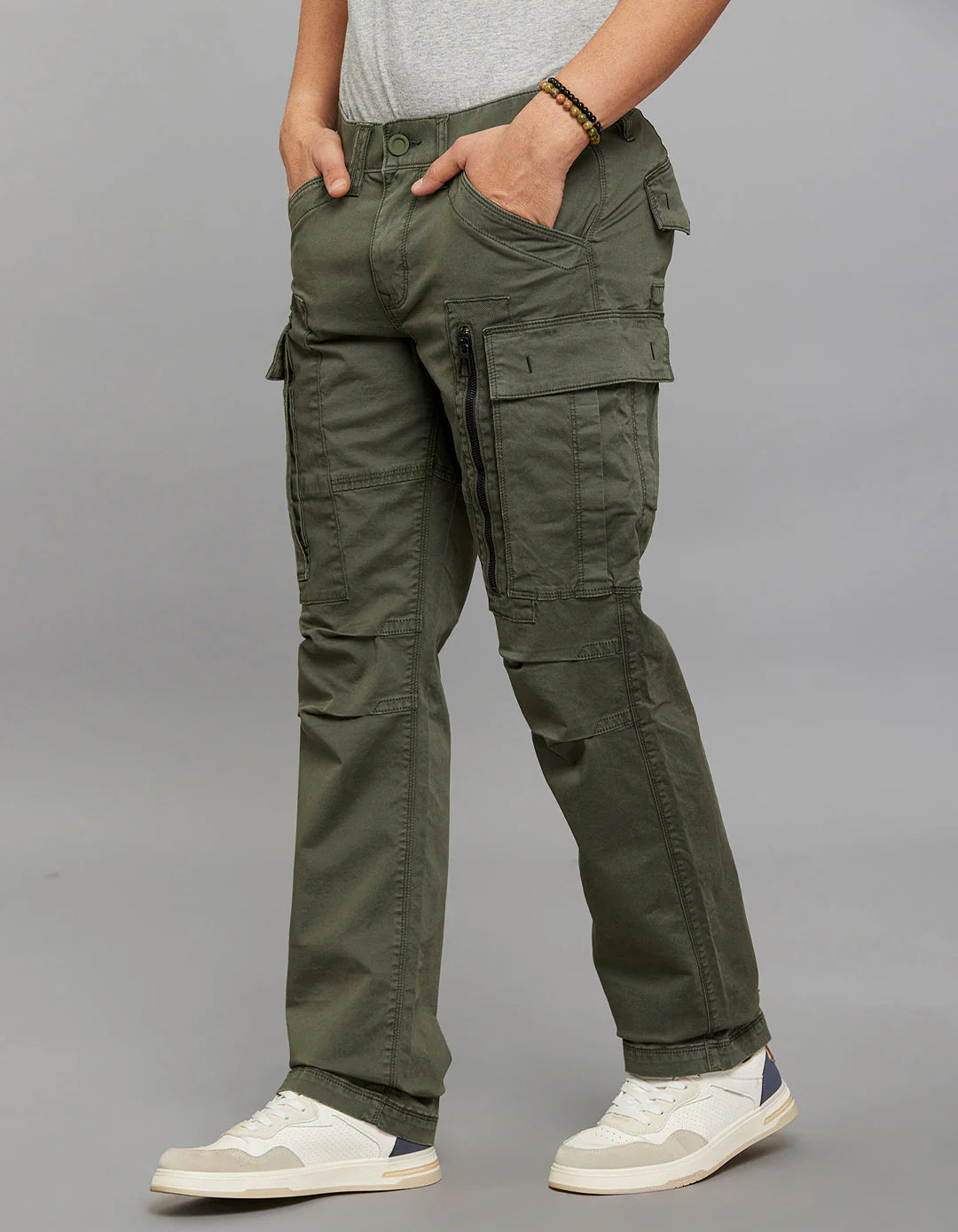 MILITARY GREEN COMFORT STRAIGHT FIT STRETCH CARGO PANTS RJCP1366-mgreen