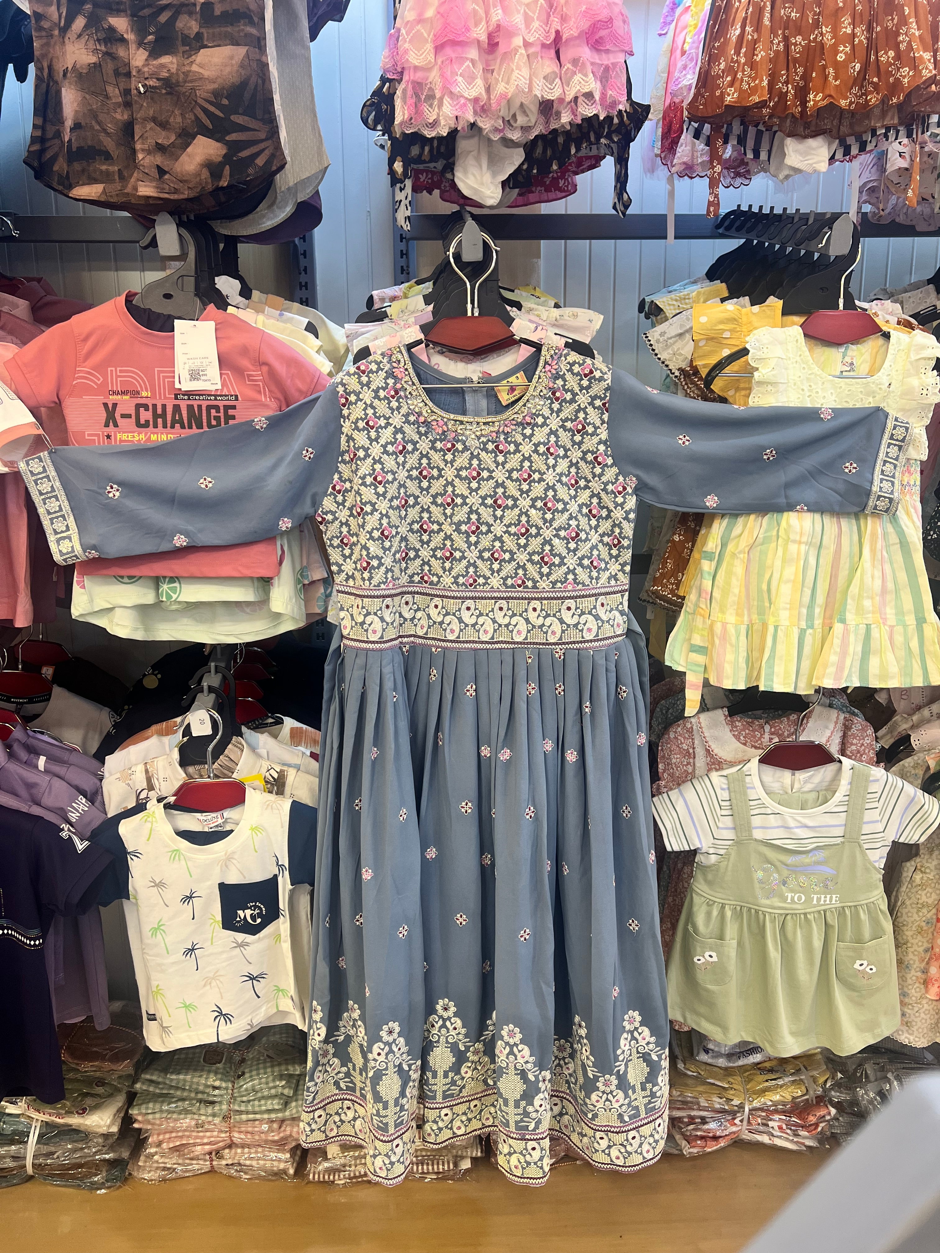 Luxury Girls Embroidered Three Piece Set–Dusty Blue|GF02