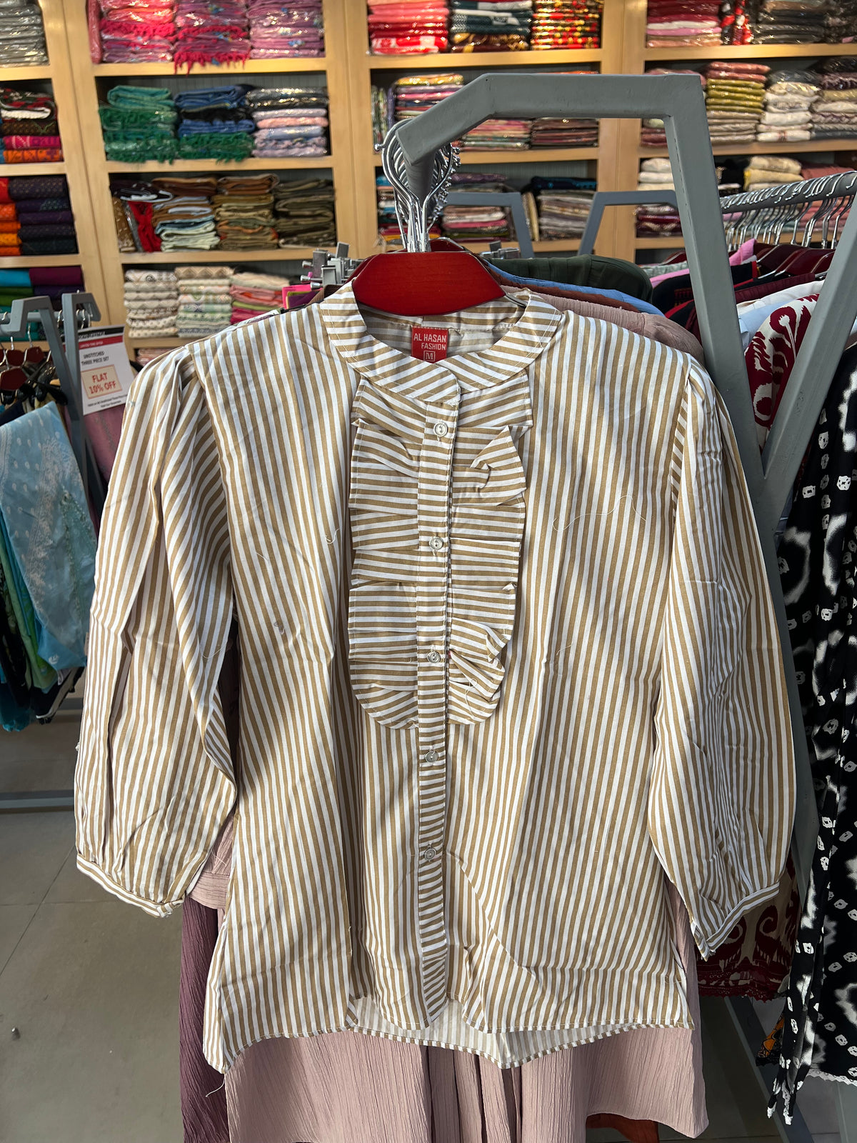 Premium Ladies Striped Ruffle Tops LD96 — Taupe Brown & White Stripe