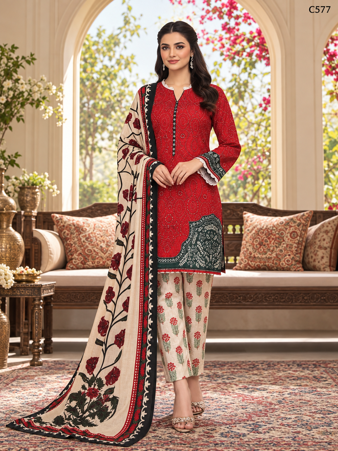 Premium Women's Red & Cream Floral Printed Three Piece Set – C577