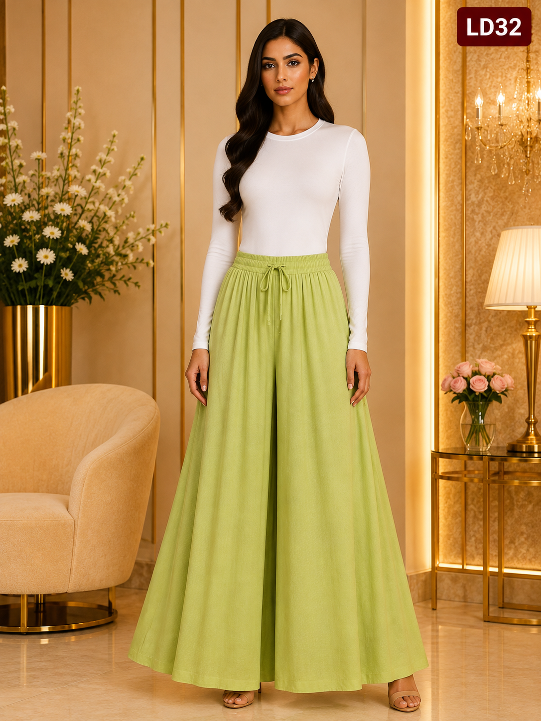 Elegant Lime Drawstring Wide-Leg Skirt Palazzo Pants-LD32