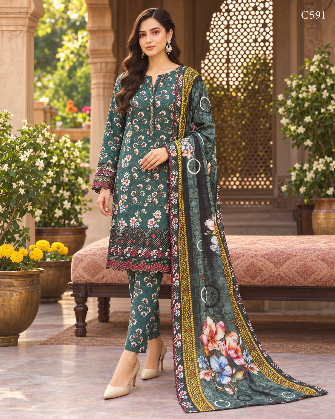 Premium Women's Emerald Green Floral Printed Three Piece Set– C591