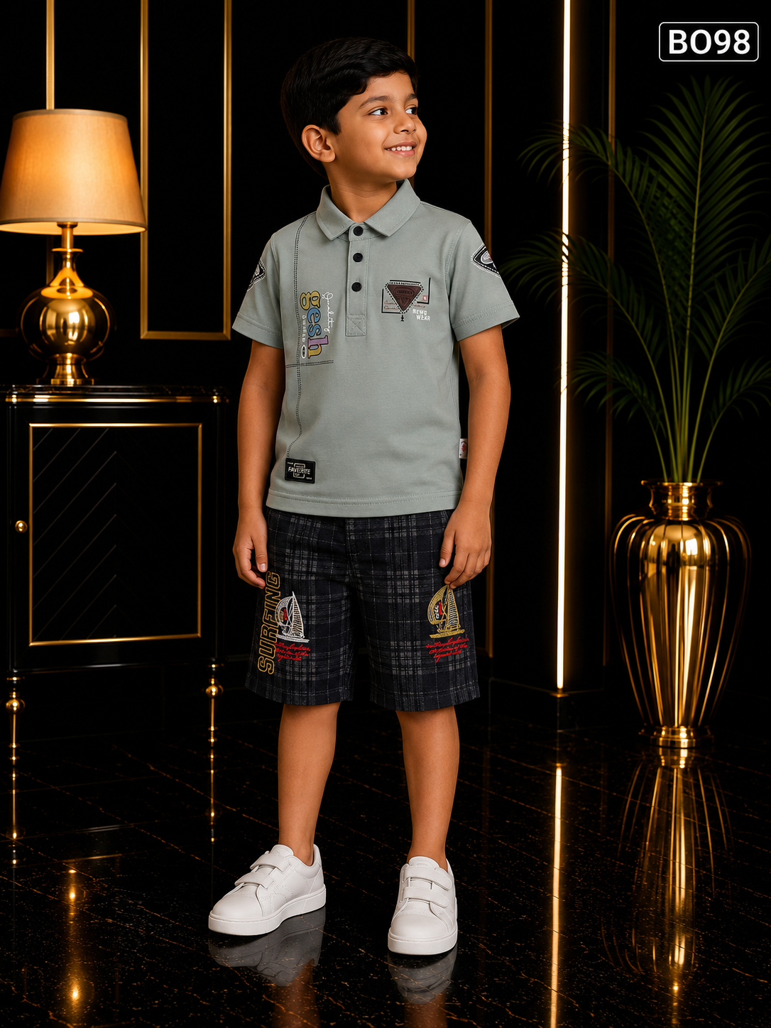 Boys’ Premium Polo T-Shirt & Embroidered Check Shorts Set – BO98