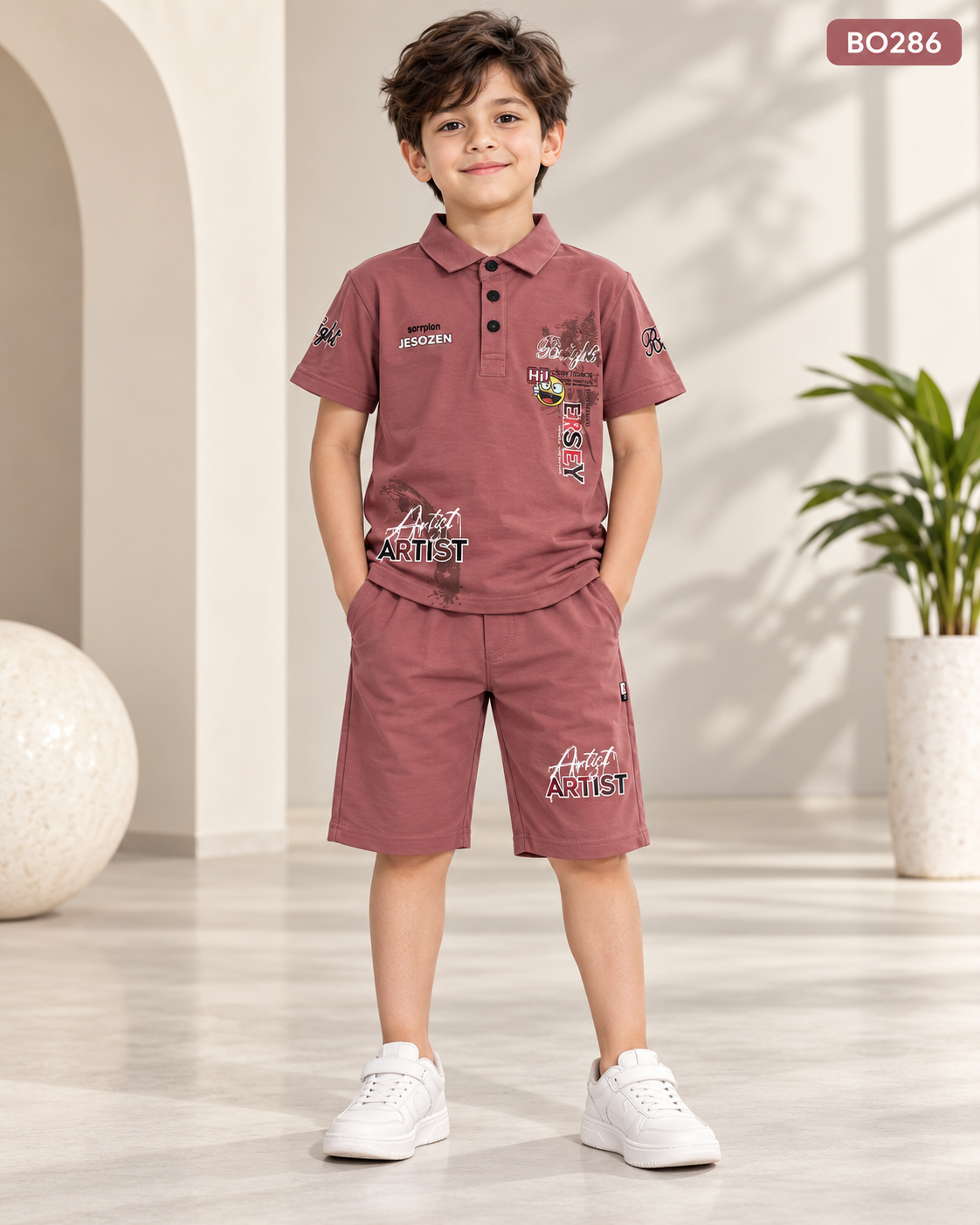 Premium Boys Graphic Polo T-Shirt & Shorts Set-BO286