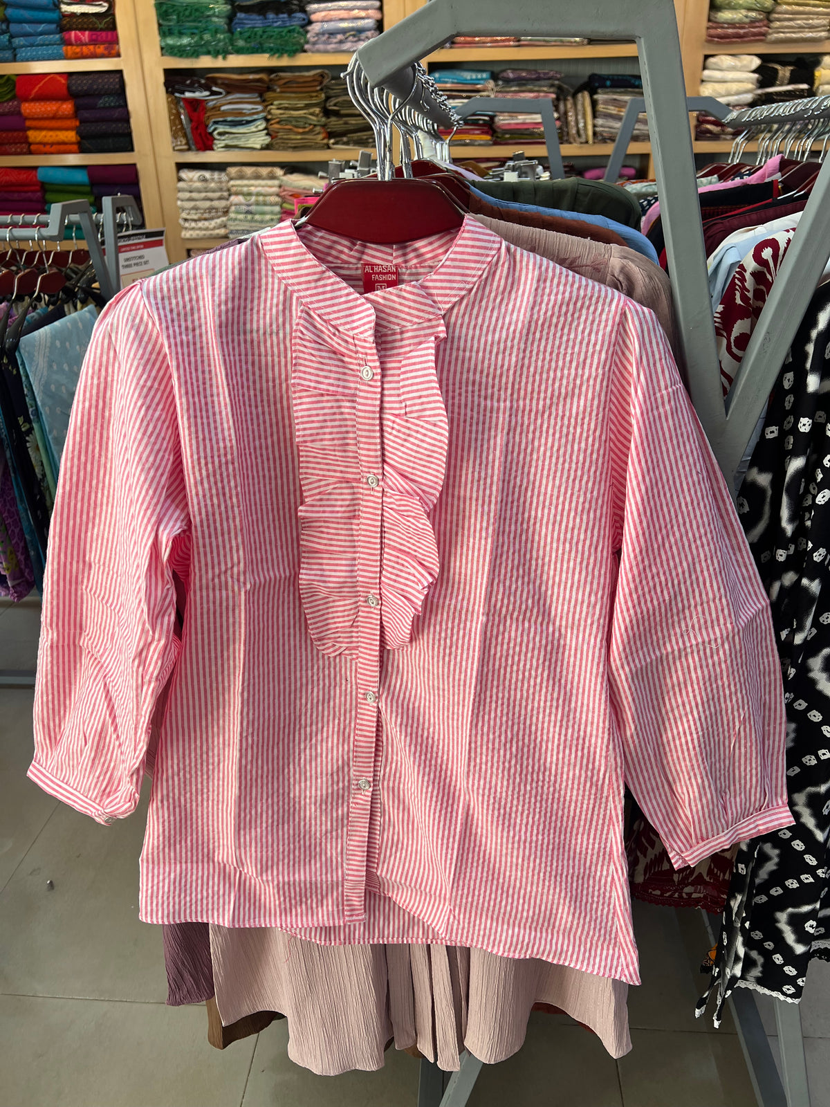 Premium Ladies Striped Ruffle Tops LD97 — Pink & White Stripe