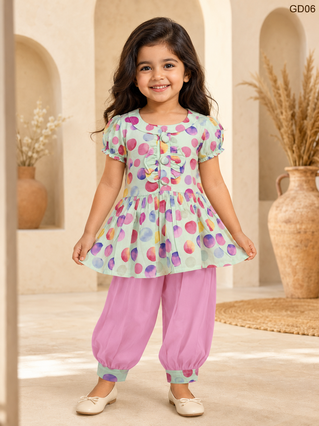 Girls Polka Dot Top & Dhoti Pant Set-GD06