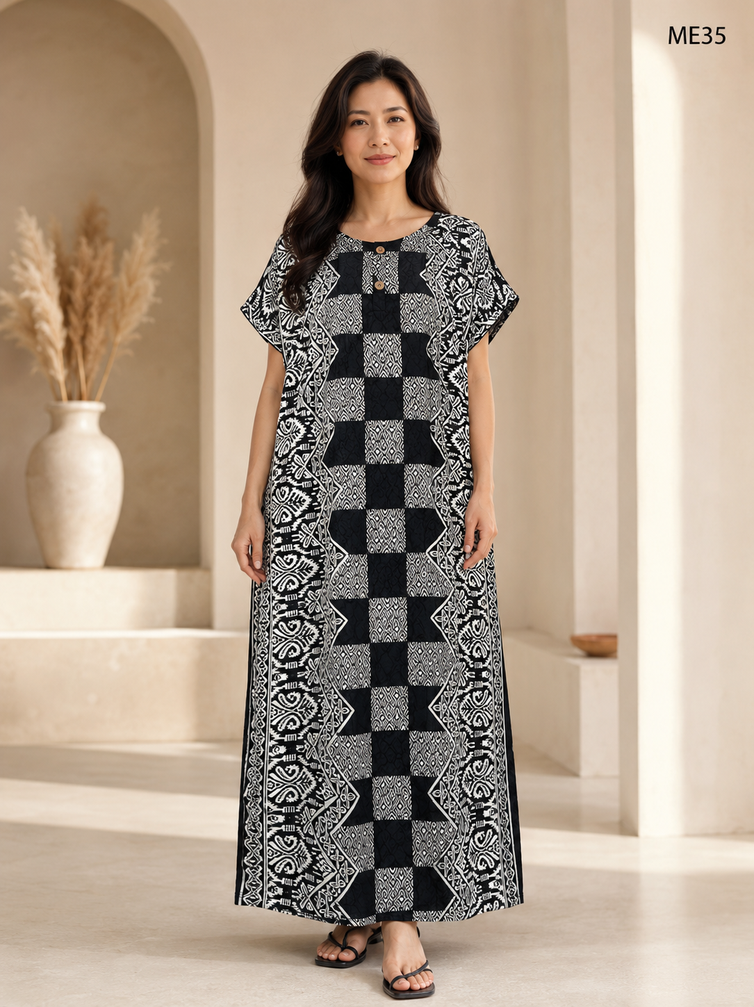 Monochrome Ethnic Printed Button Maxi Dress-ME35
