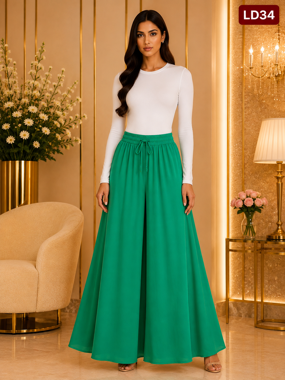 Elegant Emerald Green Drawstring Wide-Leg Skirt Palazzo Pants-LD34
