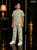 Boys’ Sage Palm Leaf Mandarin Collar Shirt & Pant Set-BO34