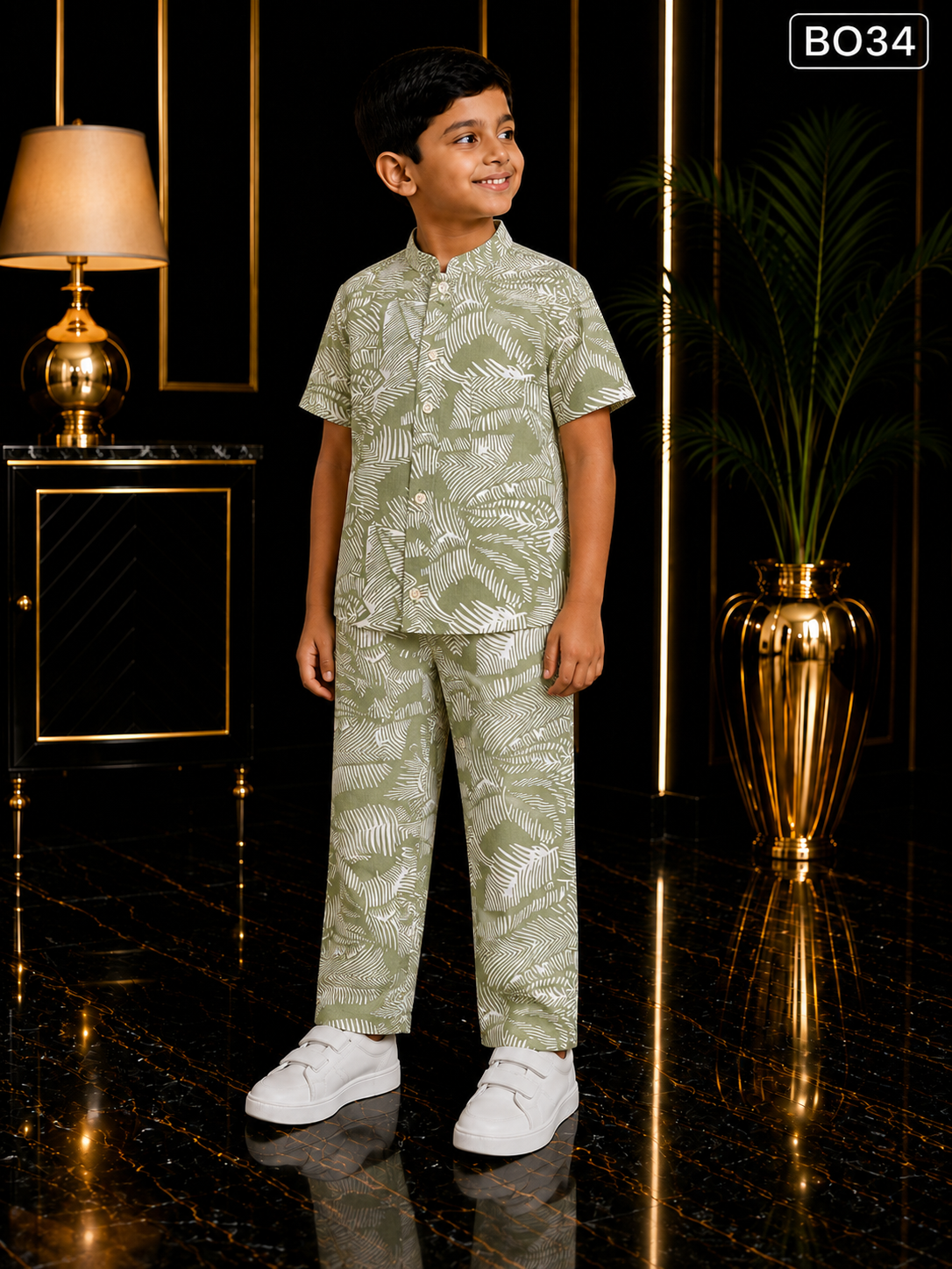 Boys’ Sage Palm Leaf Mandarin Collar Shirt & Pant Set-BO34