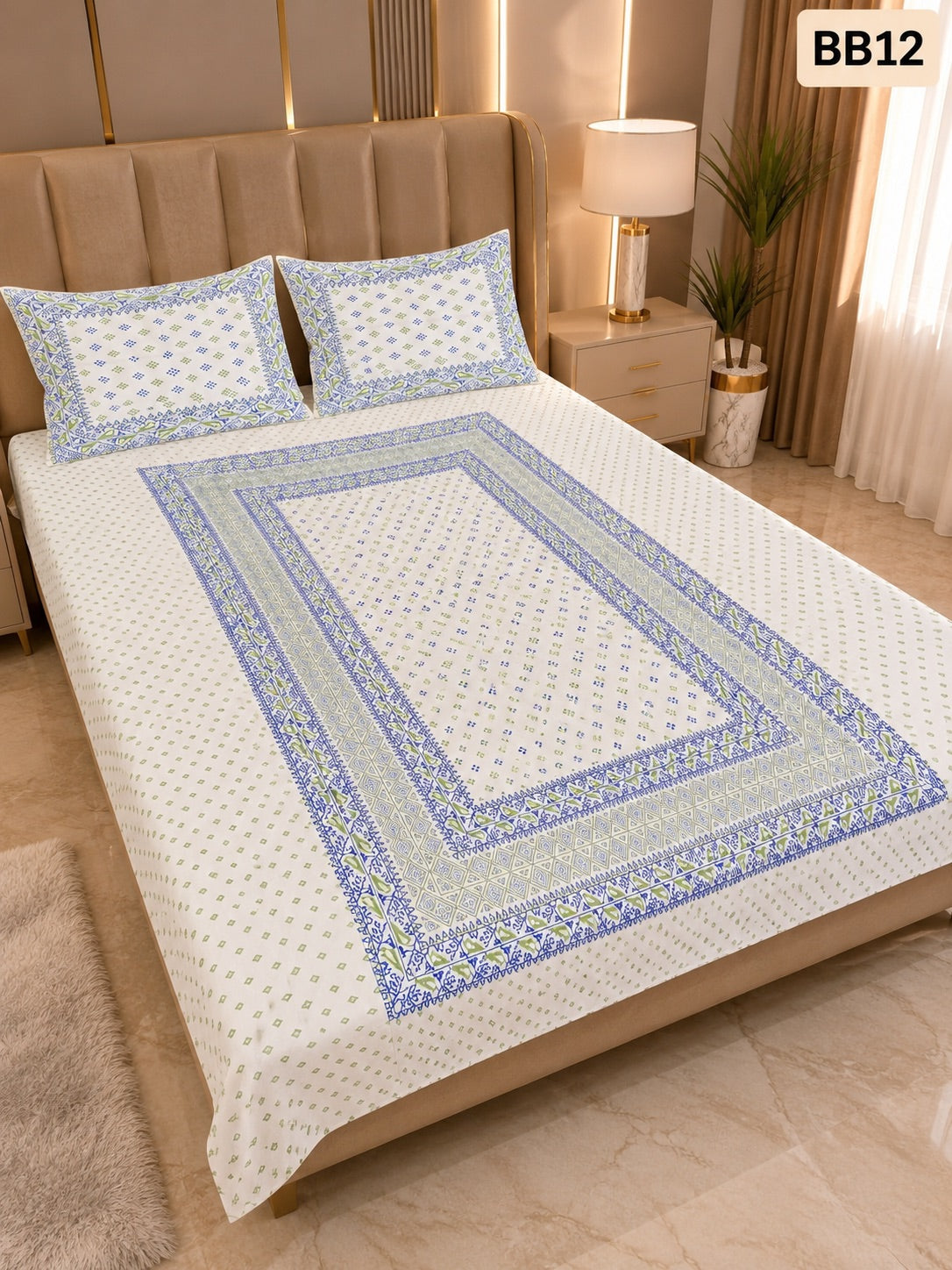 Luxury Blue Green Geometric Block Bedsheet-BB12