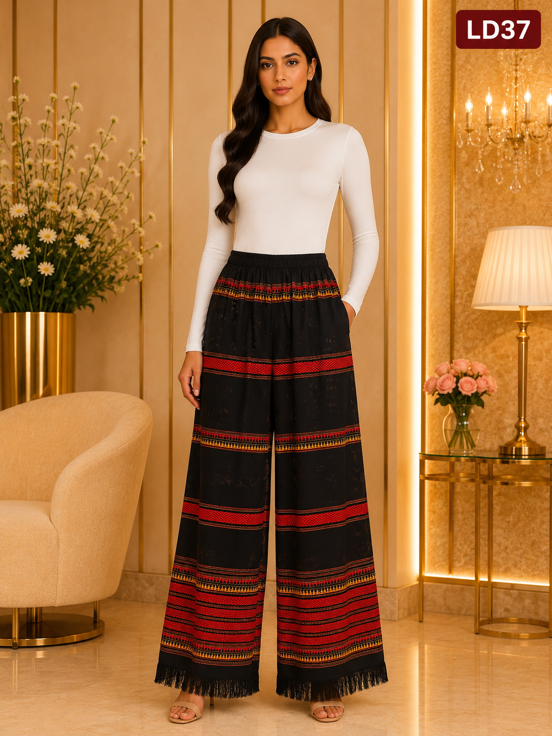 Elegant Black Ethnic Stripe Fringe Wide-Leg Palazzo Pants-LD37