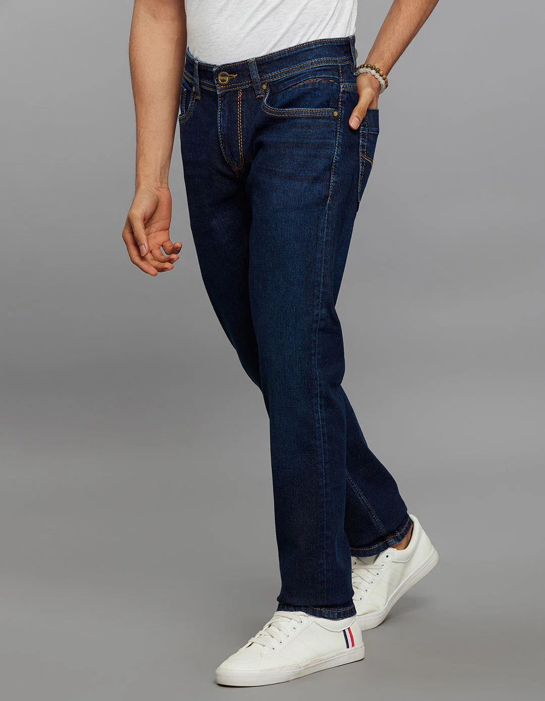 Dark Blue 5 Pocket Mid-Rise Slim Straight Fit Stretch Jeans RJ6305