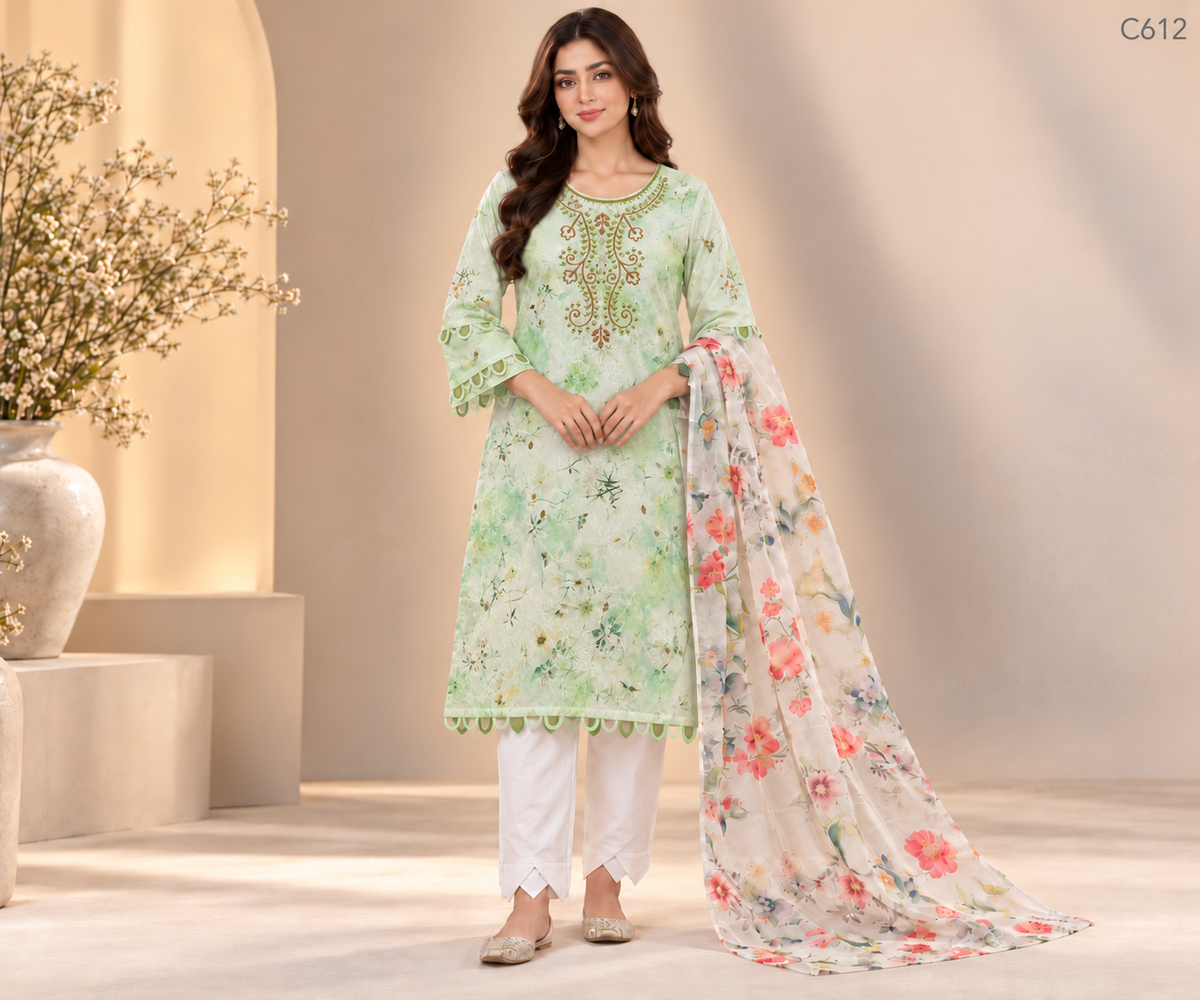 Premium Women’s Floral Embroidered Stitched Three Piece Set - C612
