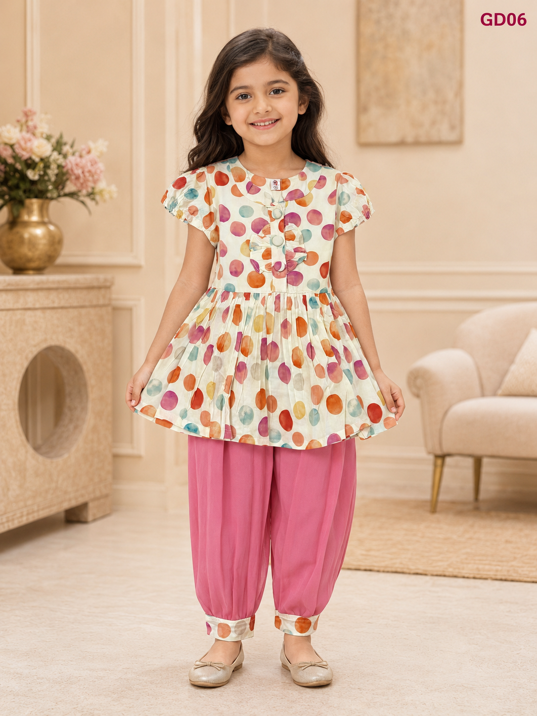 Girls Polka Dot Top & Dhoti Pant Set-GD06