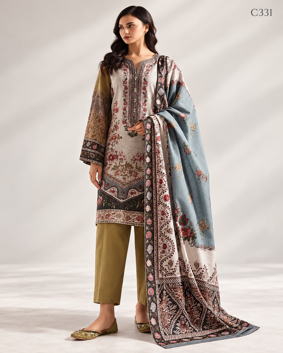 Premium Women's Ivory & Olive Floral Printed Three Piece Set – C331