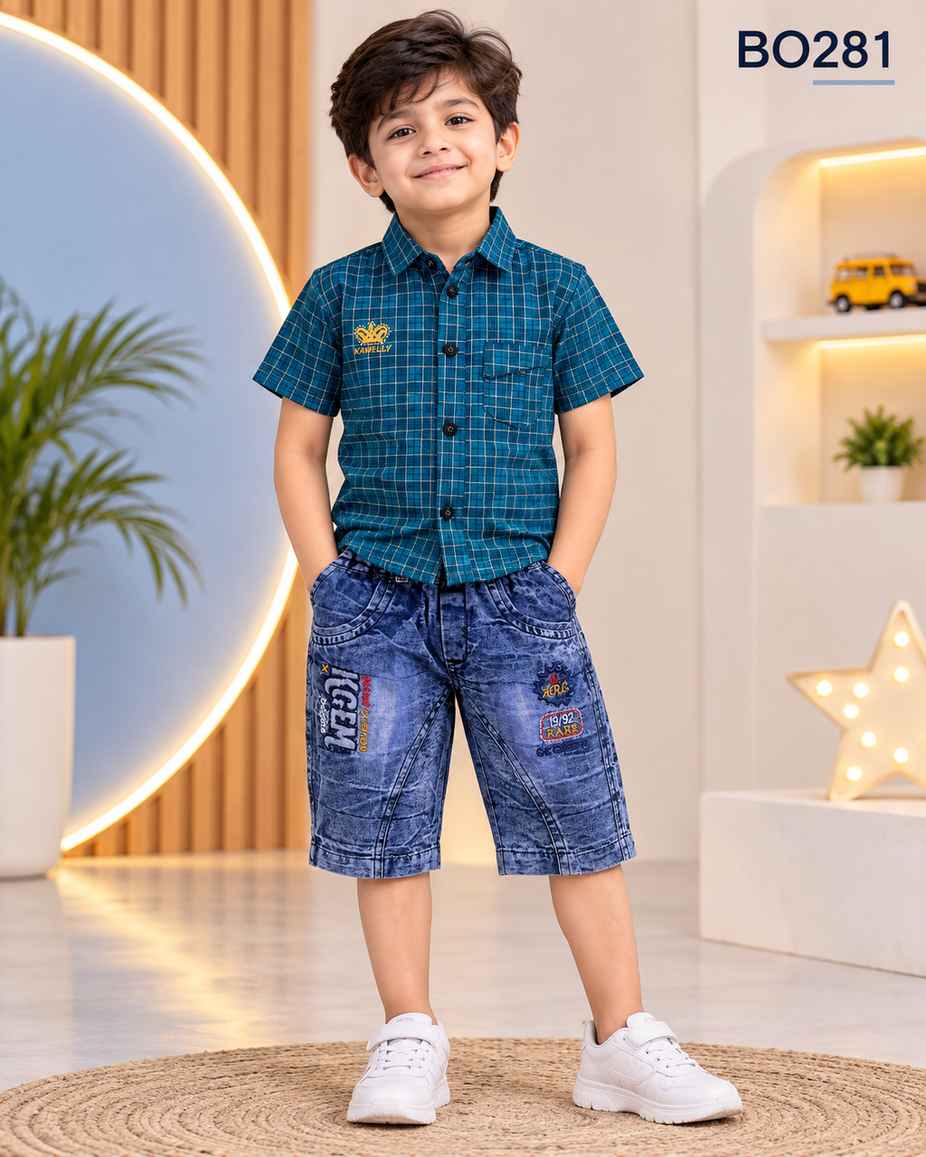 Premium Boys Check Shirt & Denim Shorts Set-BO281