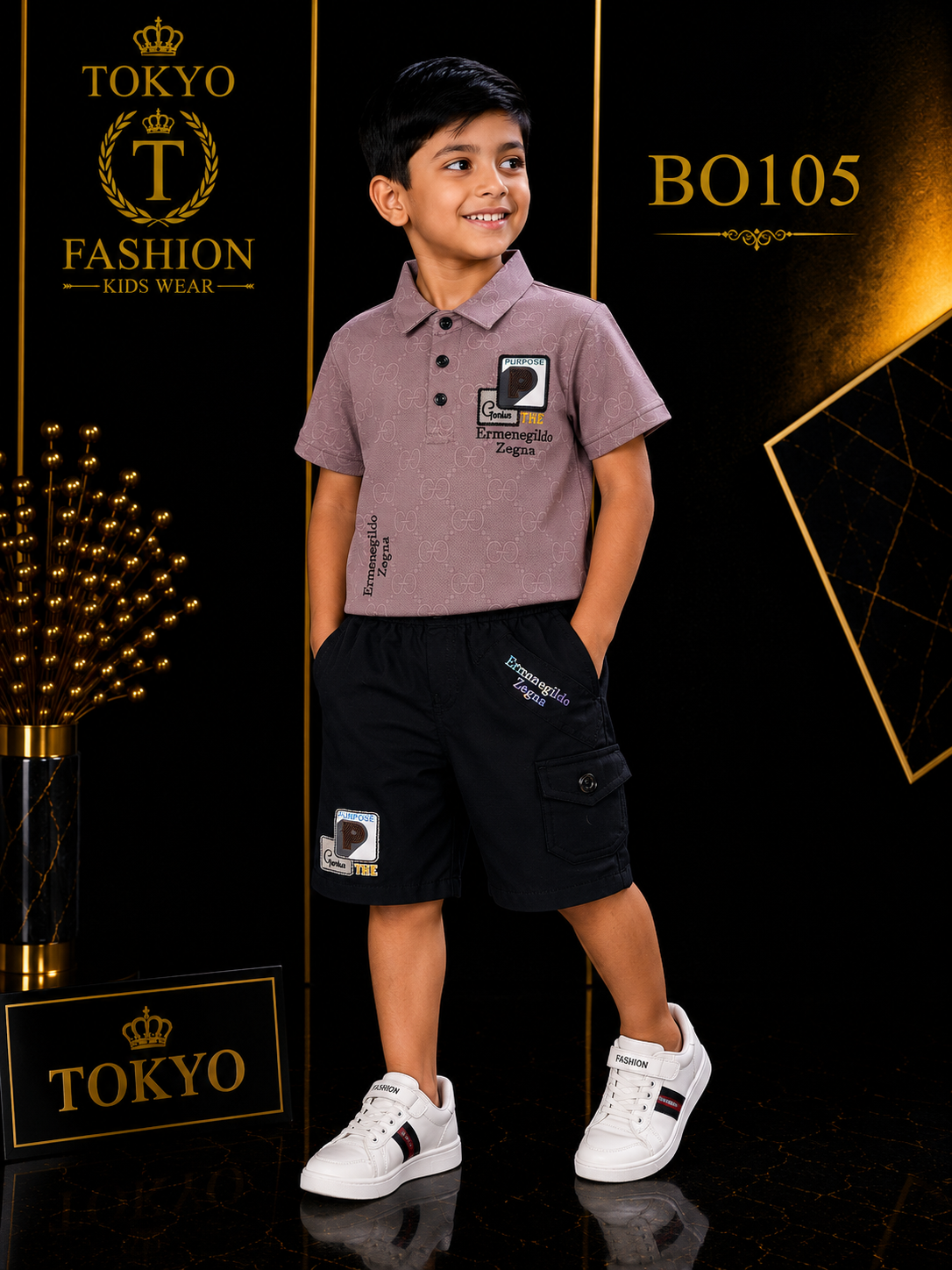 Boys’ Premium Printed Polo T-Shirt & Cargo Shorts Set – BO105