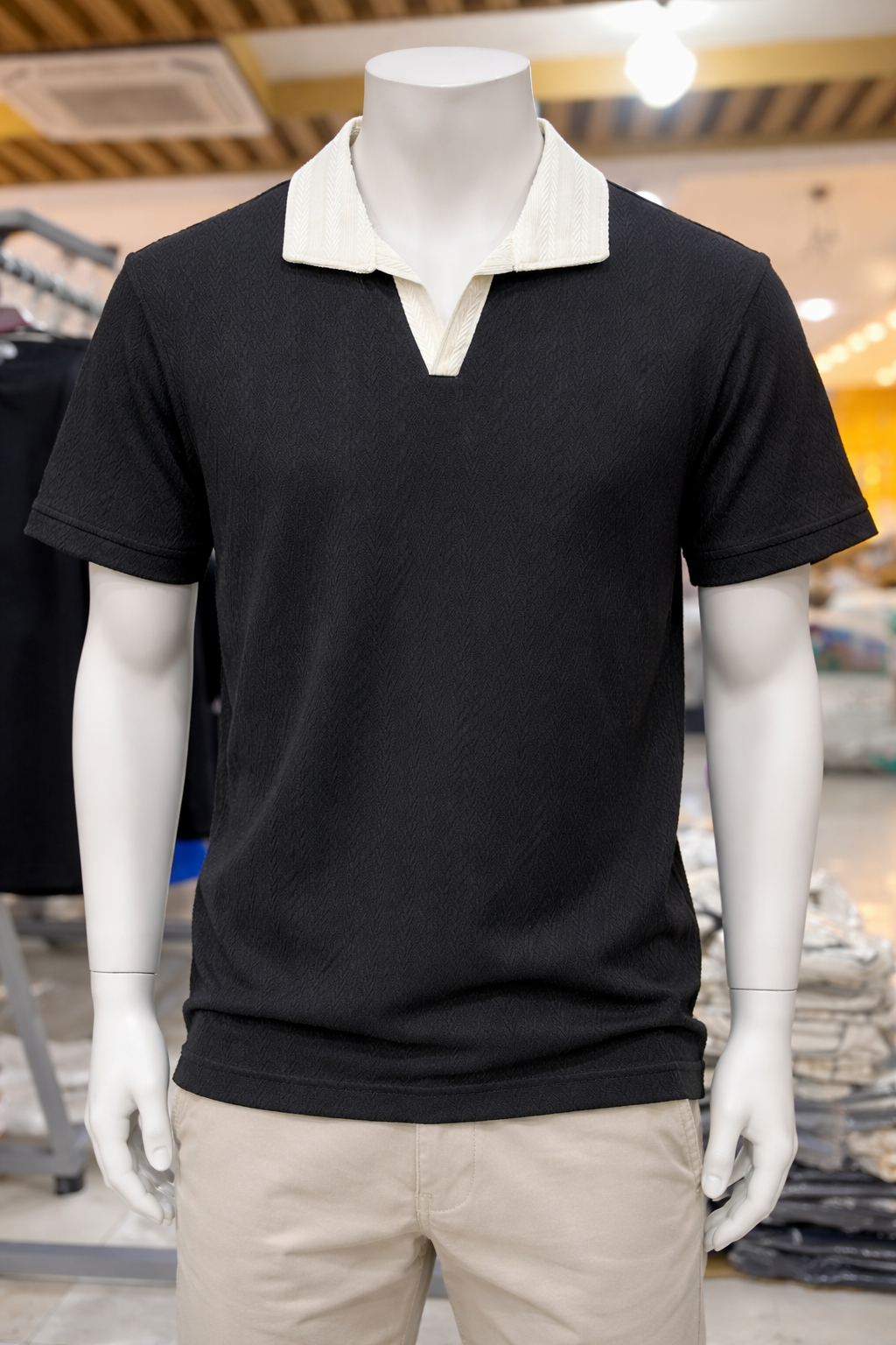 Men's Premium Black Textured Open Collar Polo T-Shirt 555