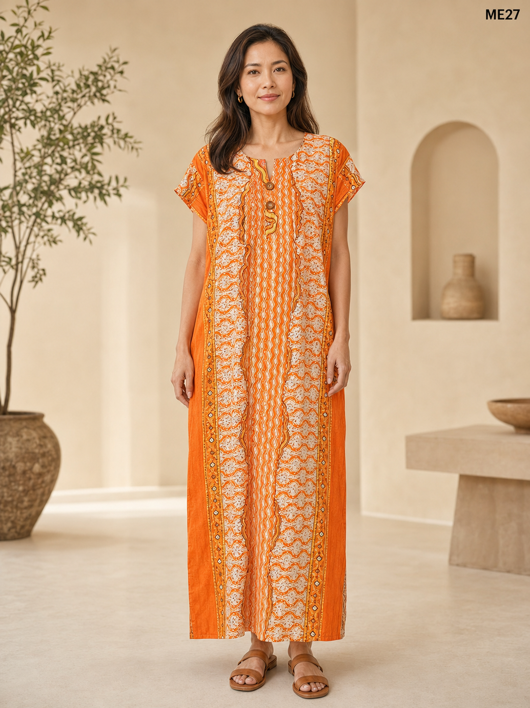 Orange Ethnic Printed Button Maxi Dress-ME27