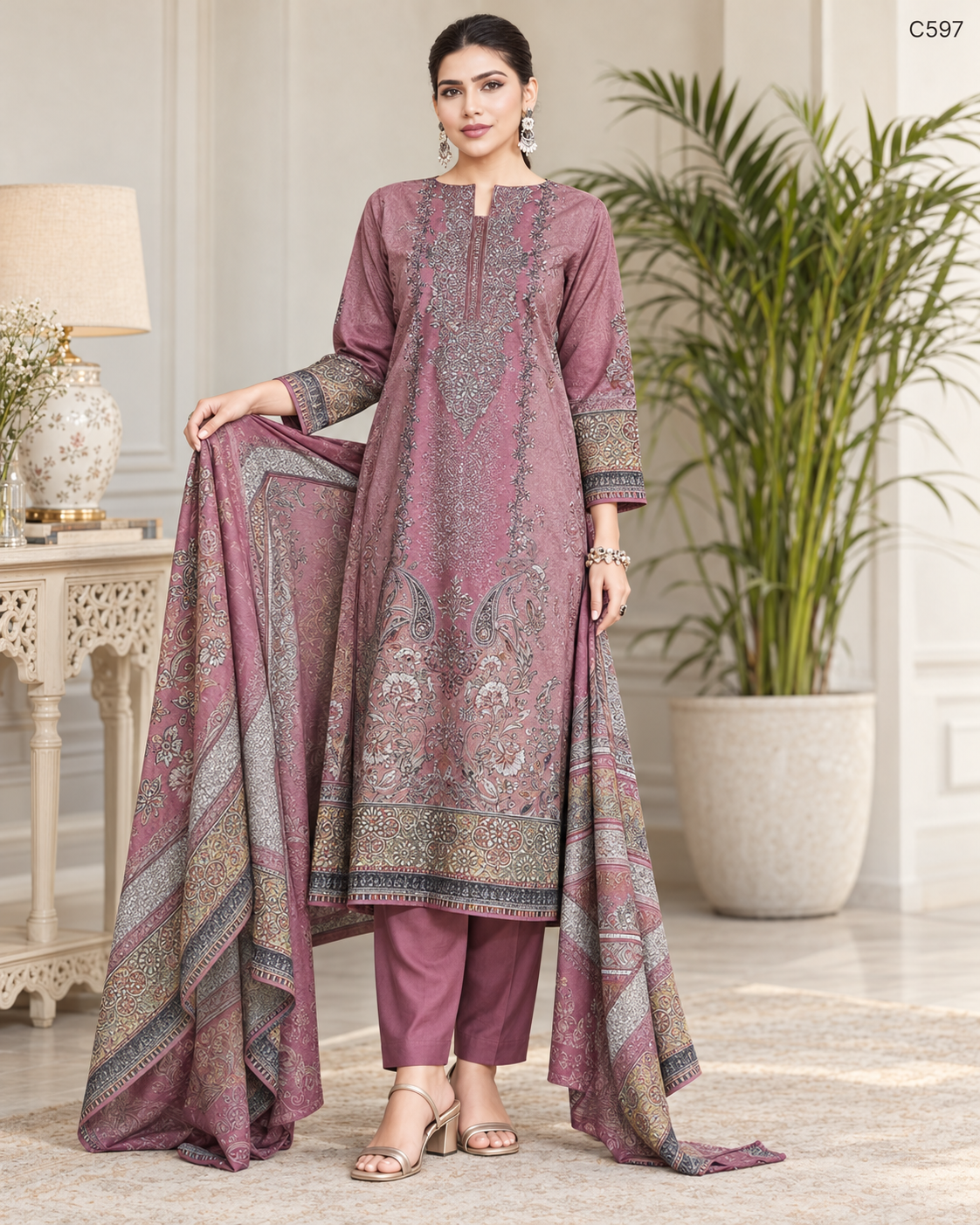 Premium Dusty Mauve Paisley Ornamental Printed Three Piece Set – C597