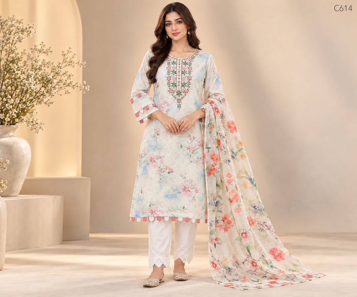 Premium Women’s Floral Embroidered Stitched Three Piece Set - C614