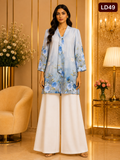 Sky Blue Floral Tie Neck Linen Top-LD49
