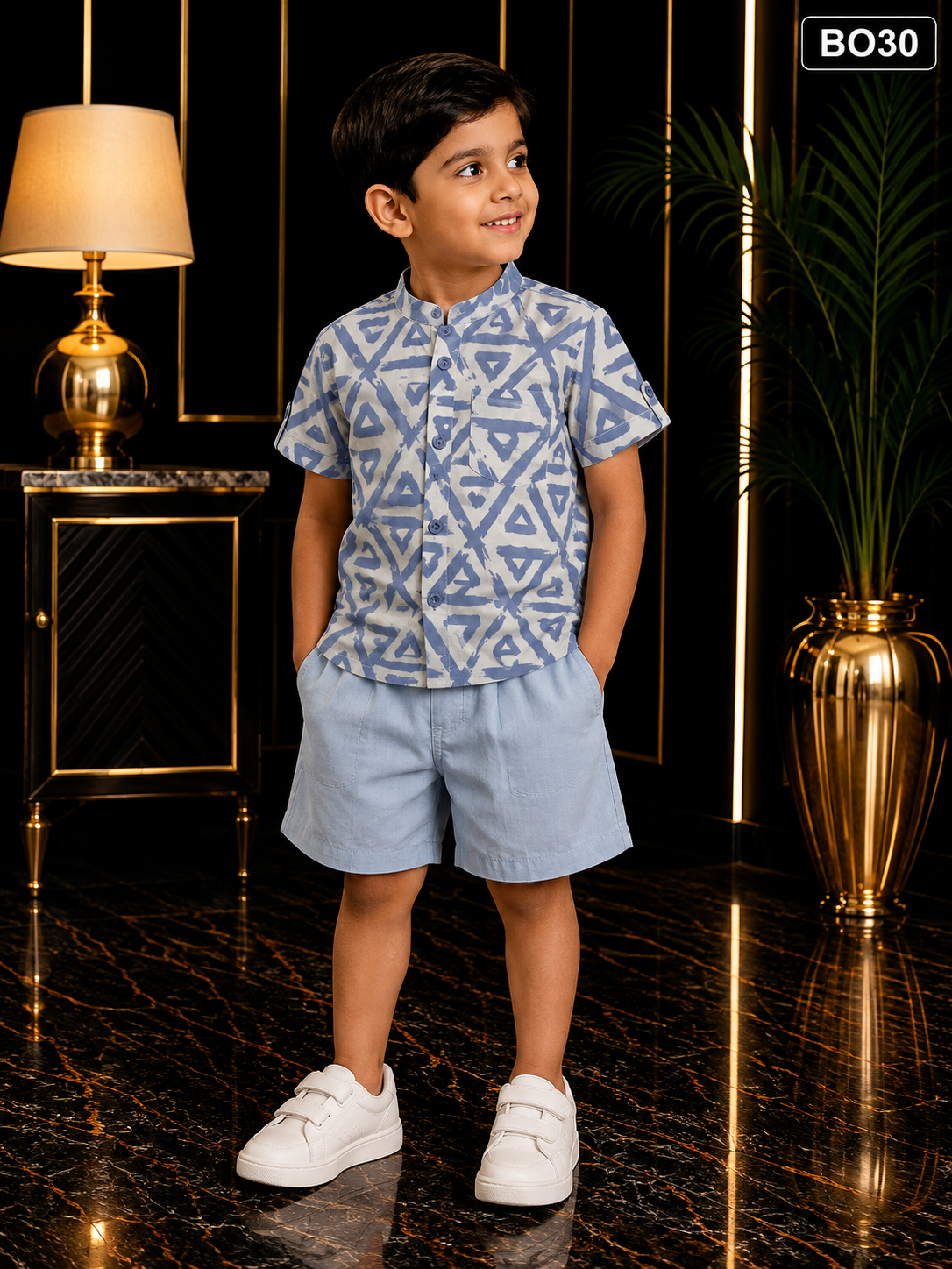 Boys Geometric Print Shirt & Shorts Set-BO30