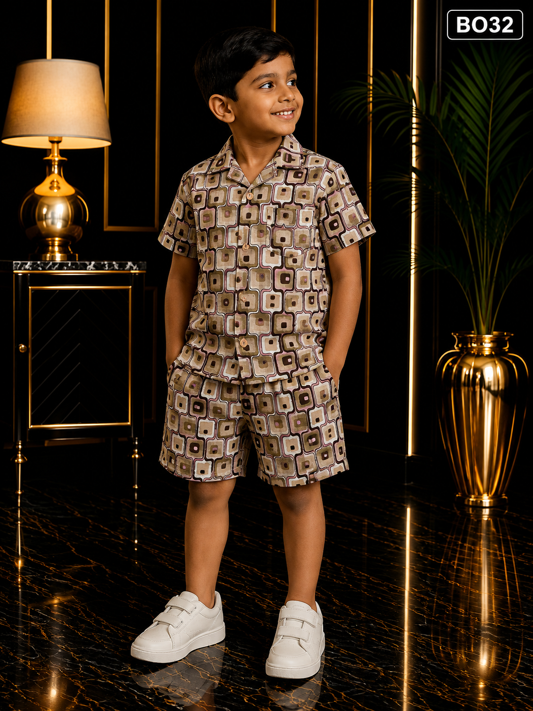 Boys Geometric Print Shirt & Shorts Set-BO32