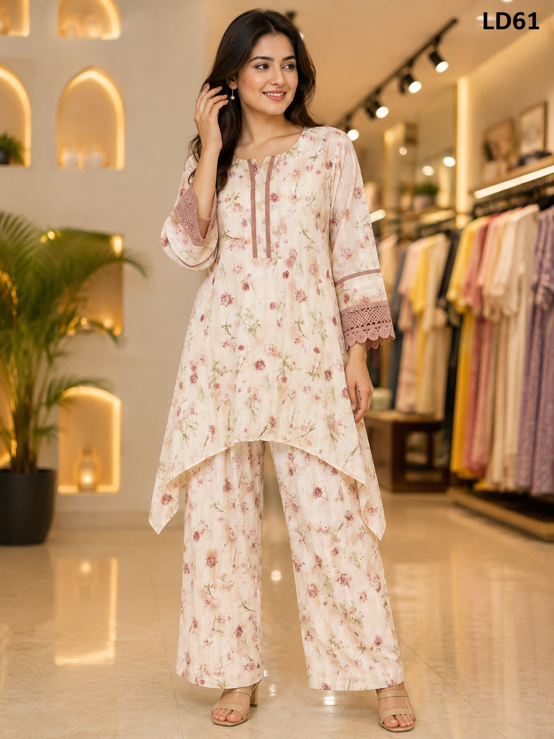 Blush Pink Floral Lace Sleeve Fish Cut Two-Piece Set-LD61