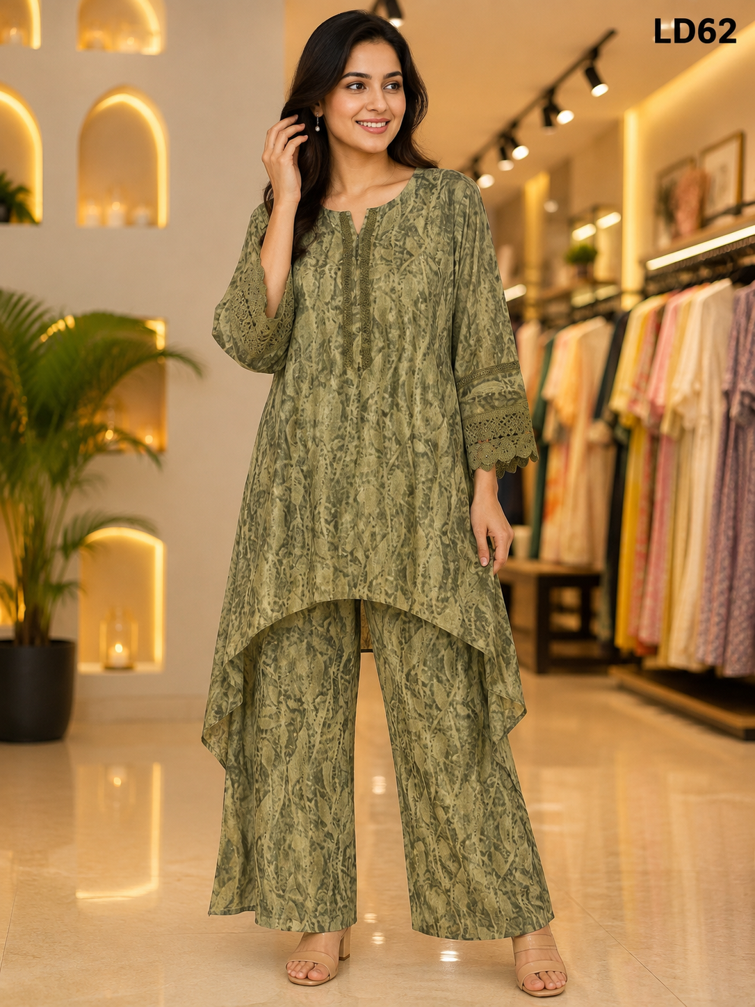 Sage Olive Abstract Lace Sleeve Fish Cut Two-Piece Set-LD62
