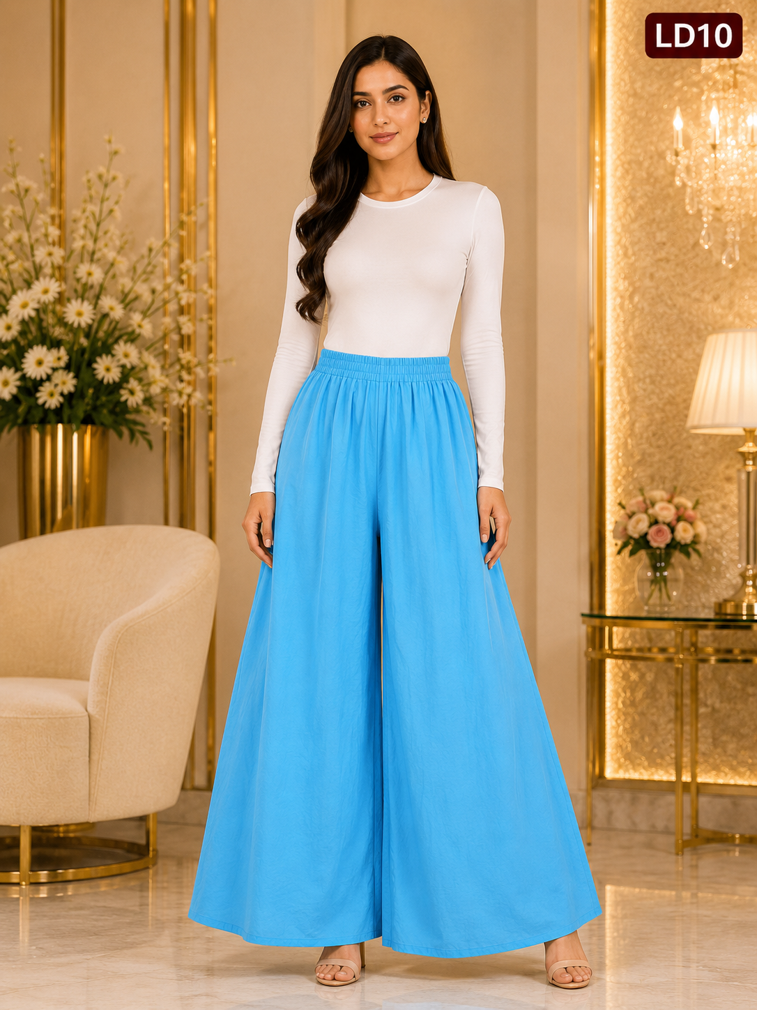 Luxury Sky Blue Wide-Leg Palazzo Pants-LD10