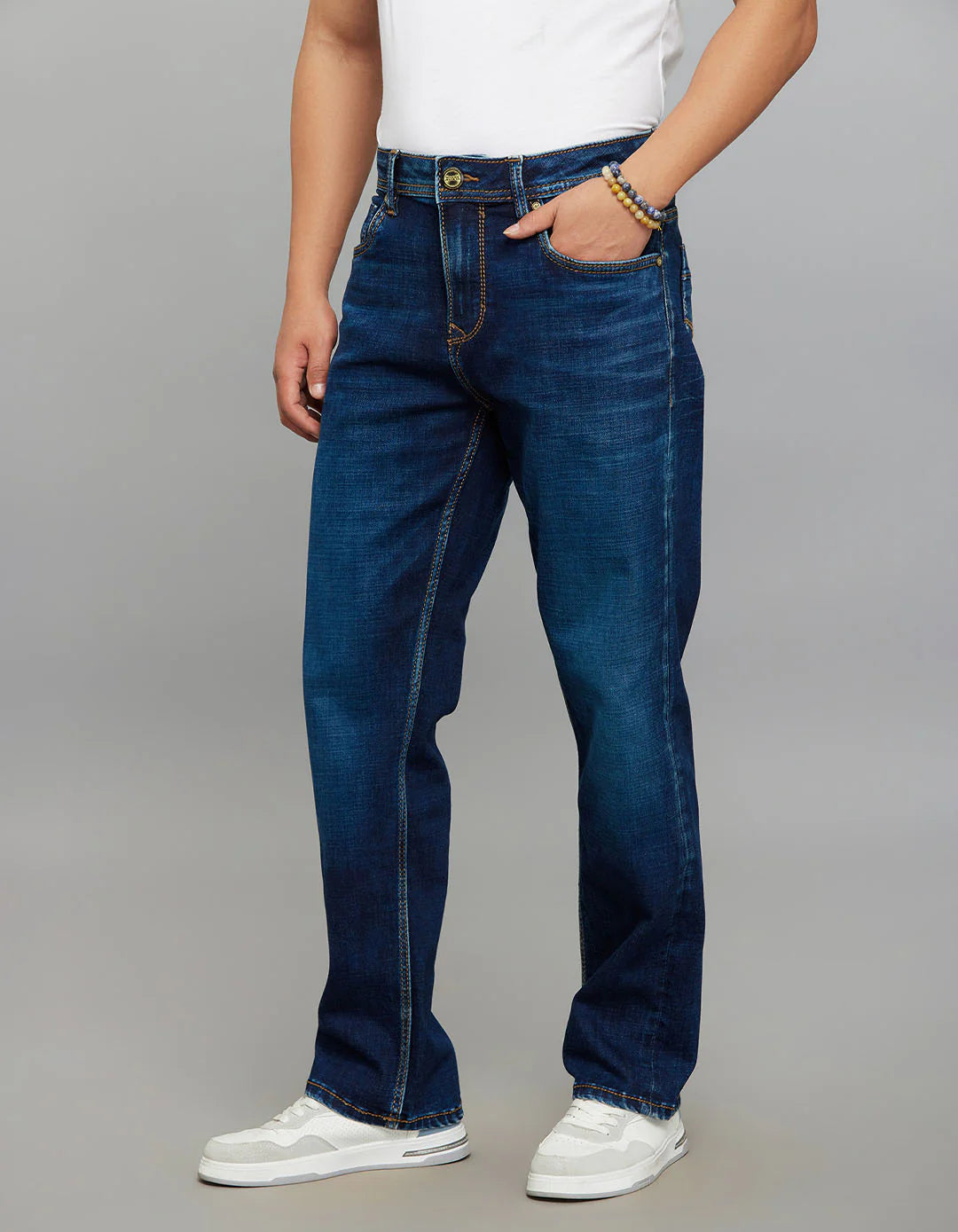 Dark Blue 5 Pocket Cropped Mid Rise, Comfort & Straight Fit Stretch Jeans RJ6337