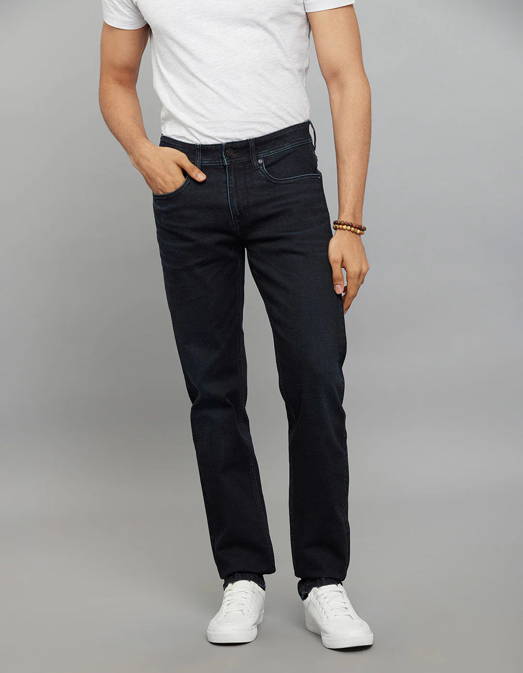 Dark Blue 5 Pocket Mid-Rise Slim Straight Fit Classic Stretch Jeans RJ6236