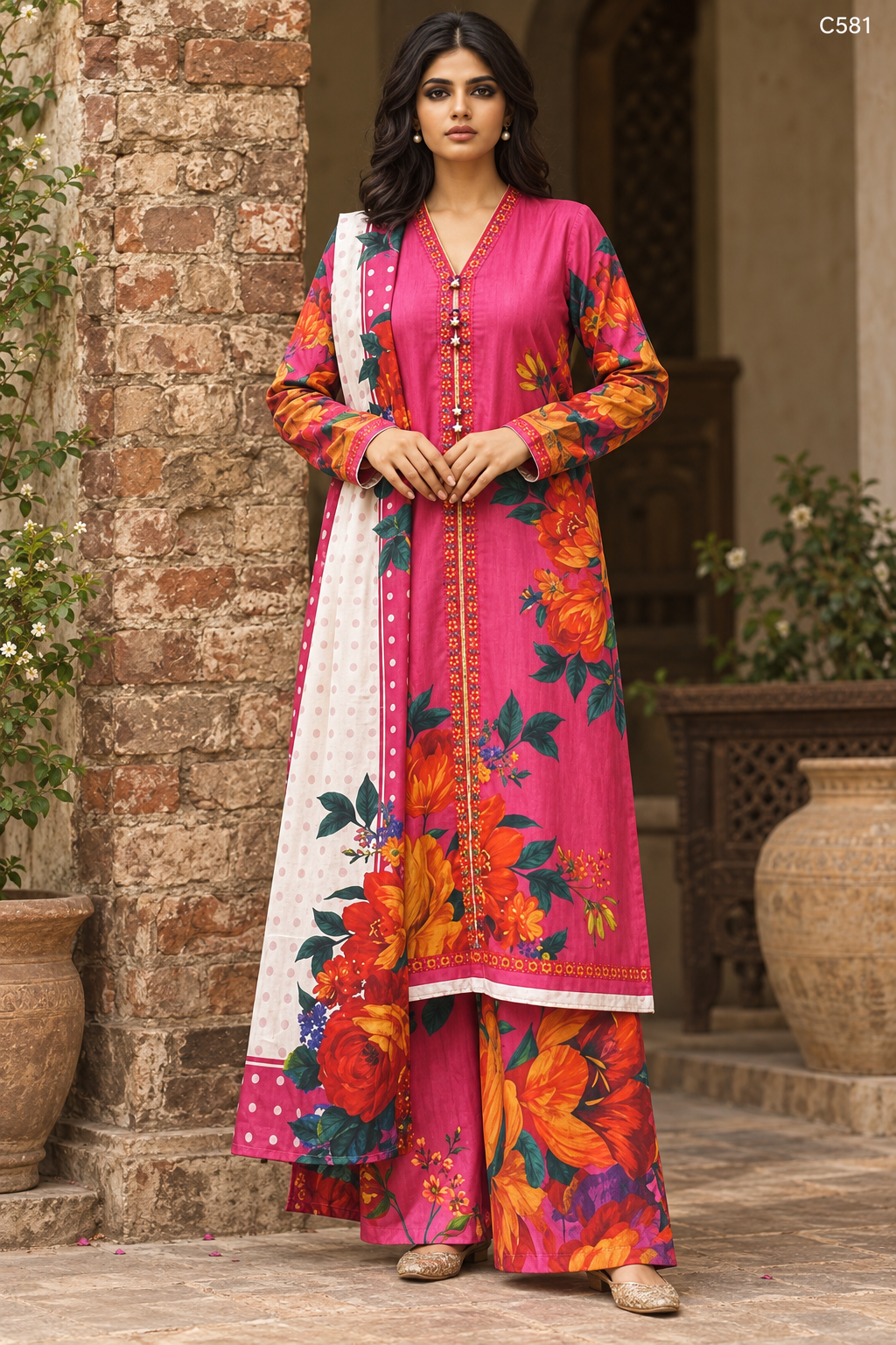 Premium Women's Vibrant Pink Floral Printed Three Piece Set – C581