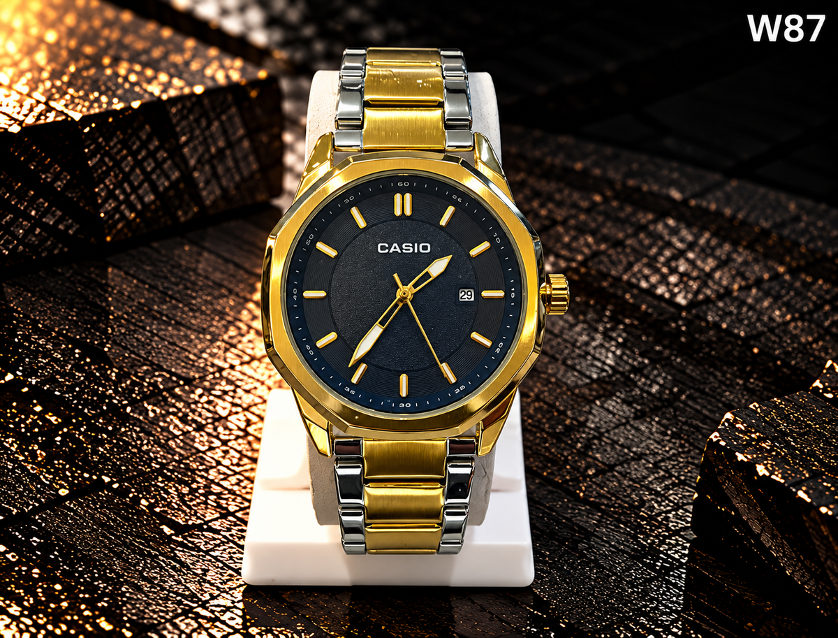 Men's Premium Two-Tone Metal Strap Black Dial Analog Watch – W87