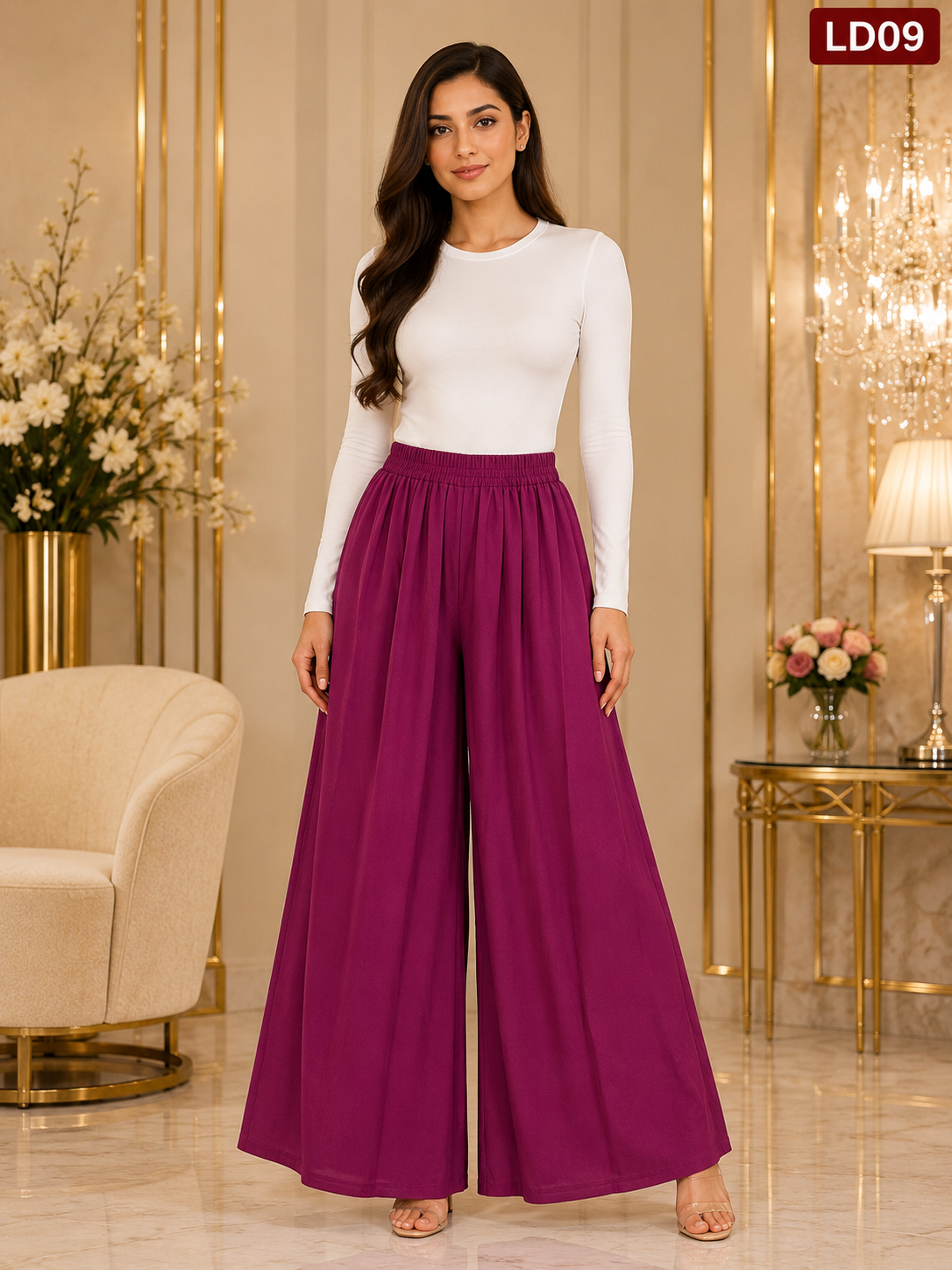 Luxury Magenta Wide-Leg Palazzo Pants-LD09