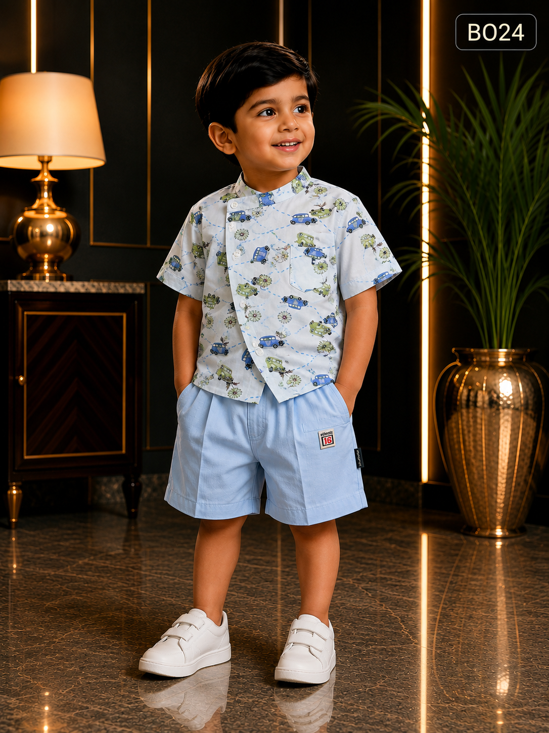 Boys Printed Mandarin Collar Shirt & Shorts Set-BO24