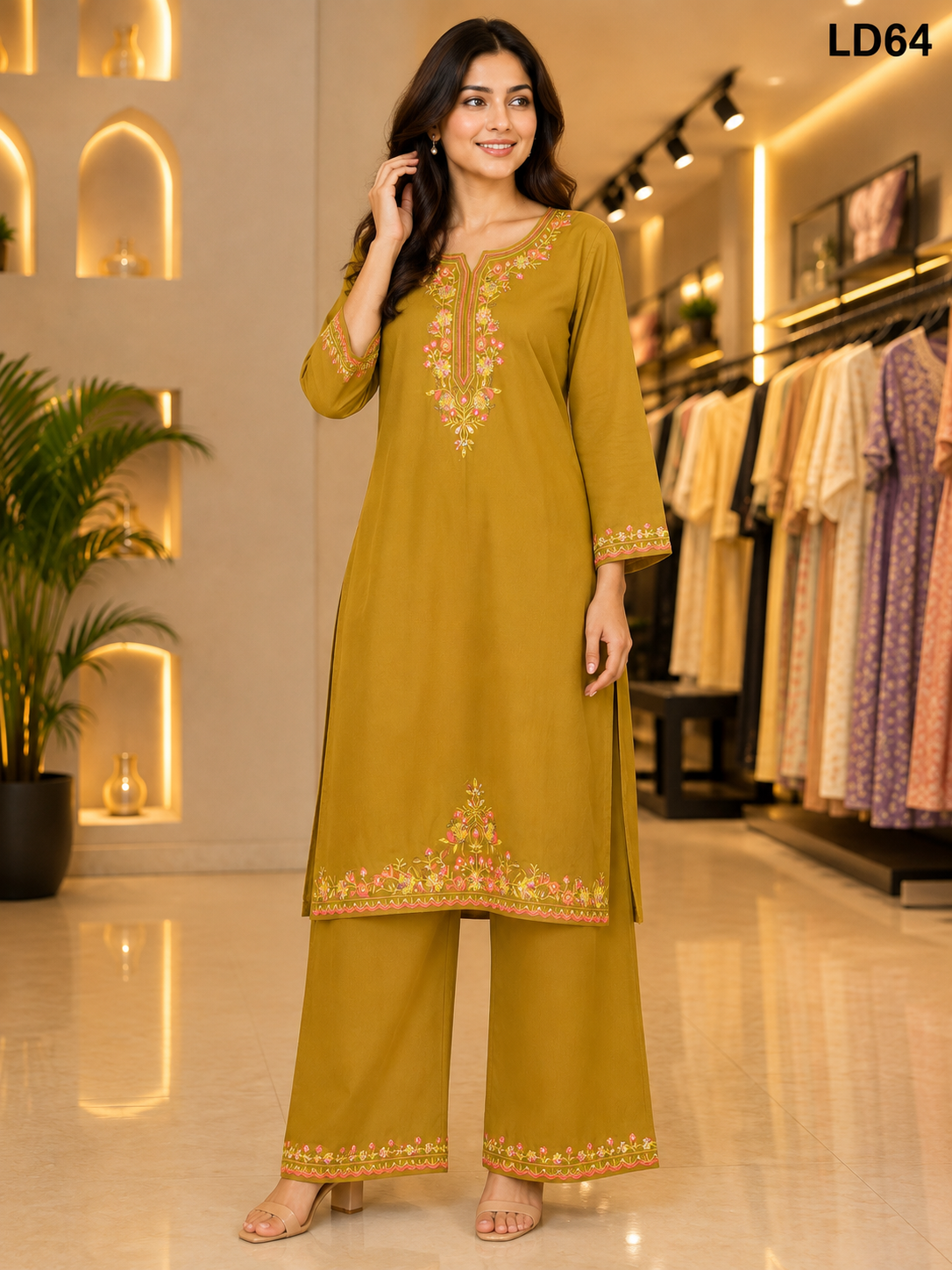 Mustard Floral Embroidered Two-Piece Set-LD64