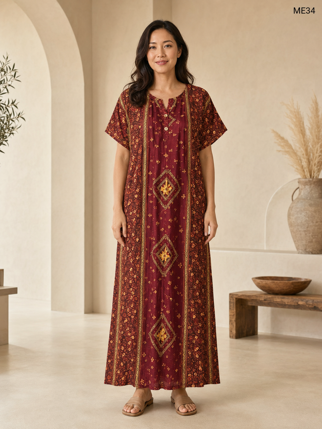 Wine Ethnic Printed Button Maxi Dress-ME34
