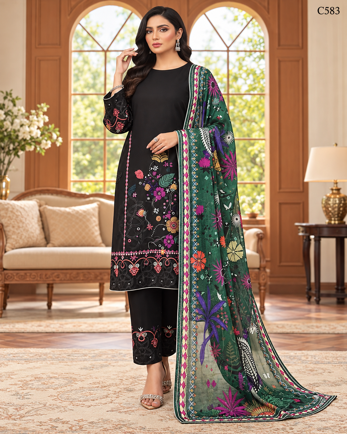 Premium Women's Black & Emerald Green Floral Printed Three Piece Set – C583