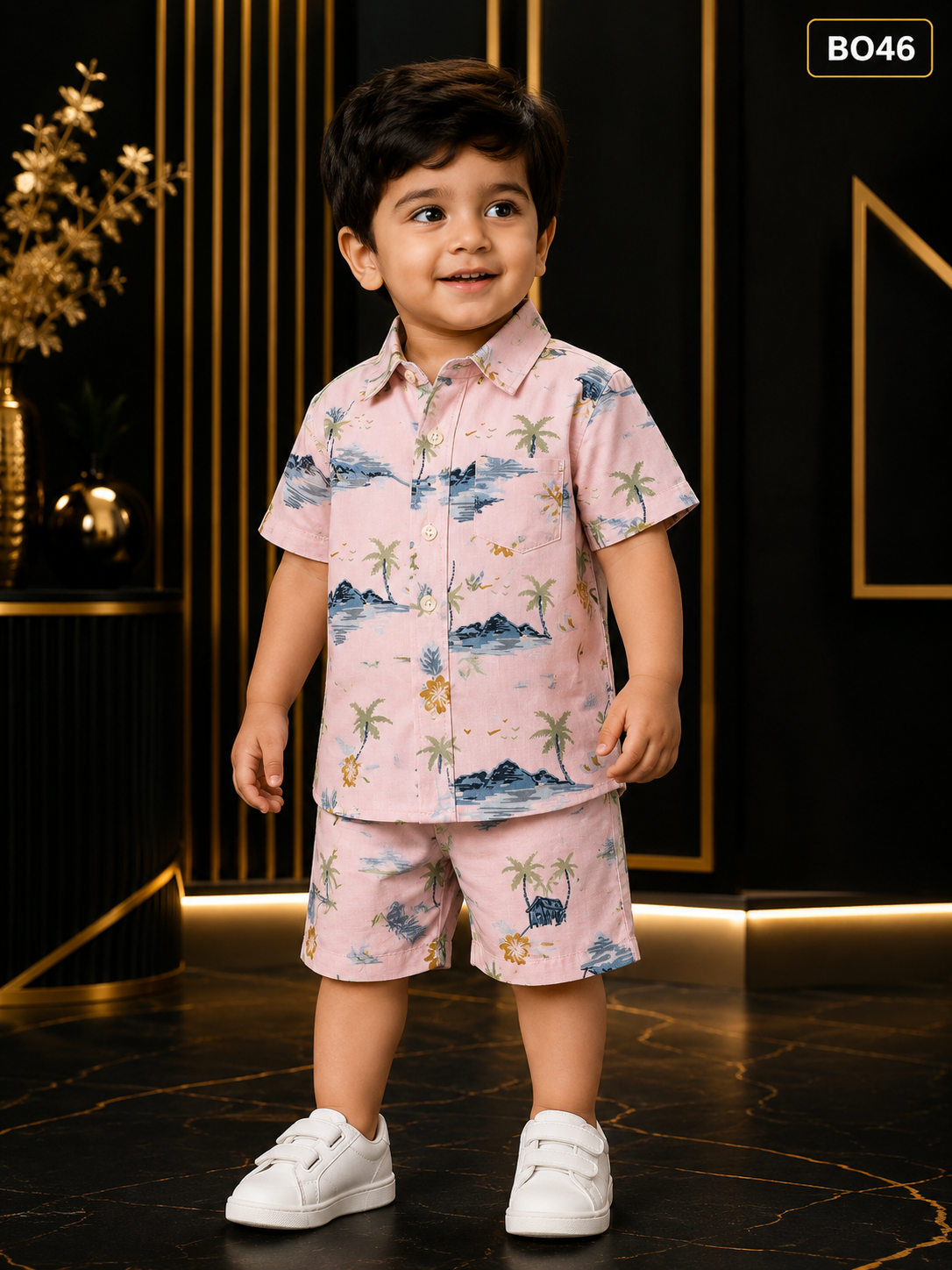 Boys’ Baby Pink Scenic Print Shirt & Shorts Set-BO46