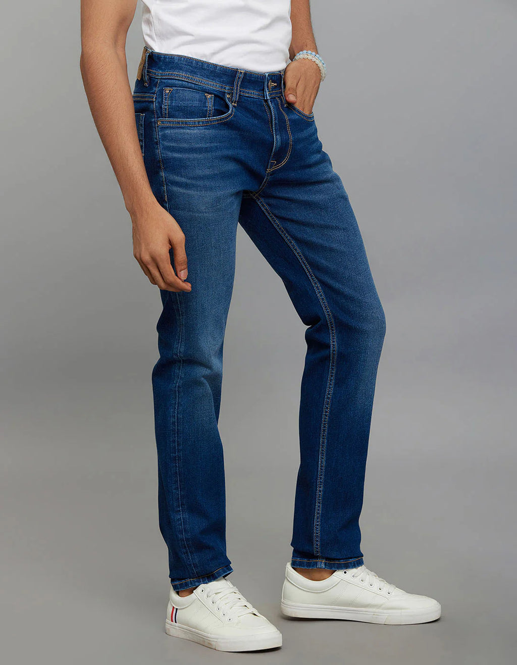 Medium Blue 5 Pocket Mid-Rise Slim Straight Fit Classic Stretch Jeans RJ6238